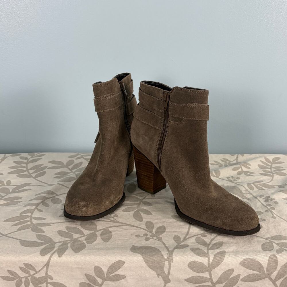 Taupe Suede Ankle Boots Stacked Wood Heel Double Buckle Boho Fall 9.5
